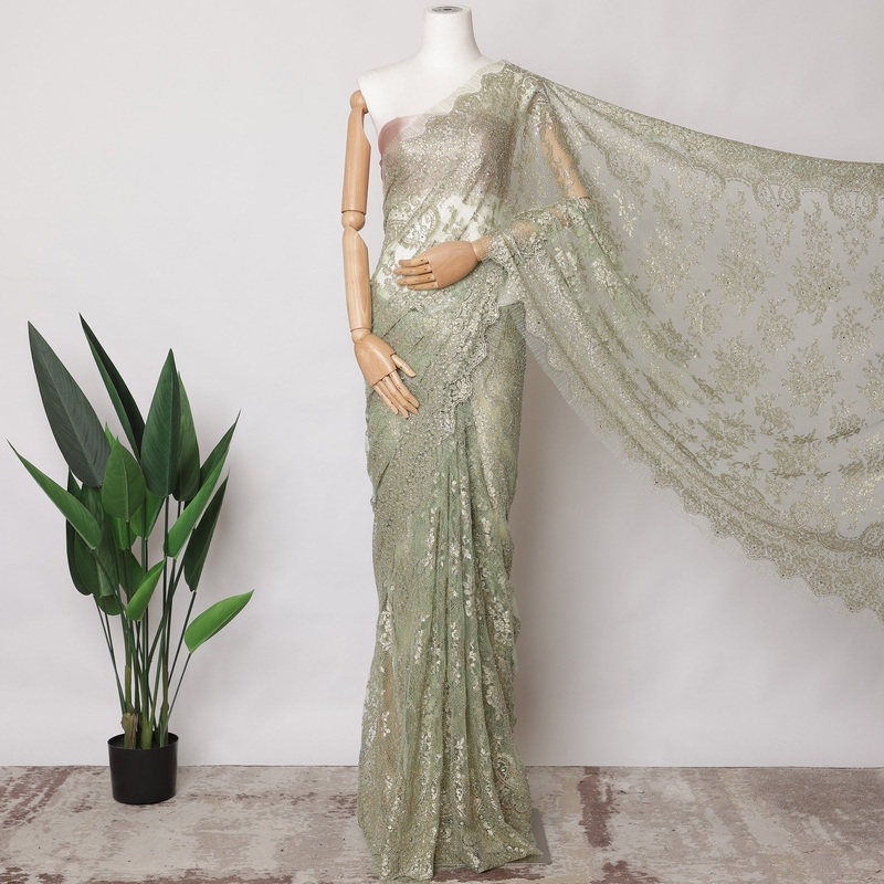 Sage Green Metallic French Chantilly Lace Fabric with Stone Work, 5.5 Meters, 110 cm Width-EC-402-0021469