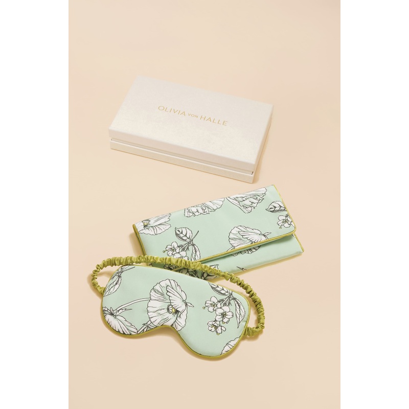 Audrey Delfina Green Floral Eye Mask in Silk Crpe de Chine