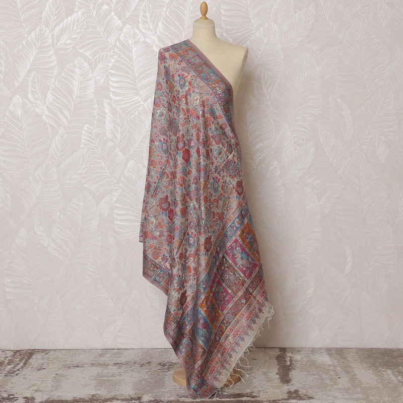 Beige Silk Jacquard Dupatta with Multicolor Floral and Geometric Design 235 X 95 Cms, India-D20319