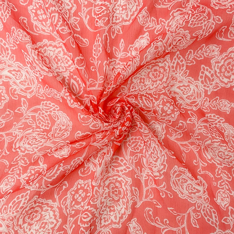 Red-White Floral Printed Yoryu Chiffon Woven Fabric