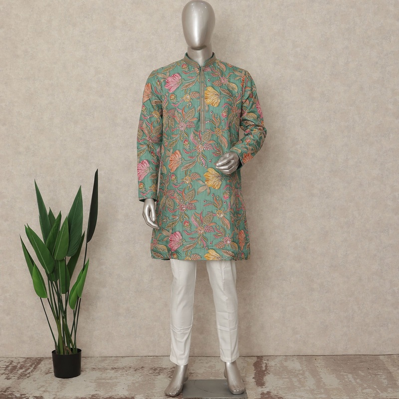 Teal Forest Green Blended Raw Silk Men's Kurta Pajama Botanical Floral Printed Traditional Ethnic Wear Indian Handcrafted Premium Wedding Festival Attire - D29313