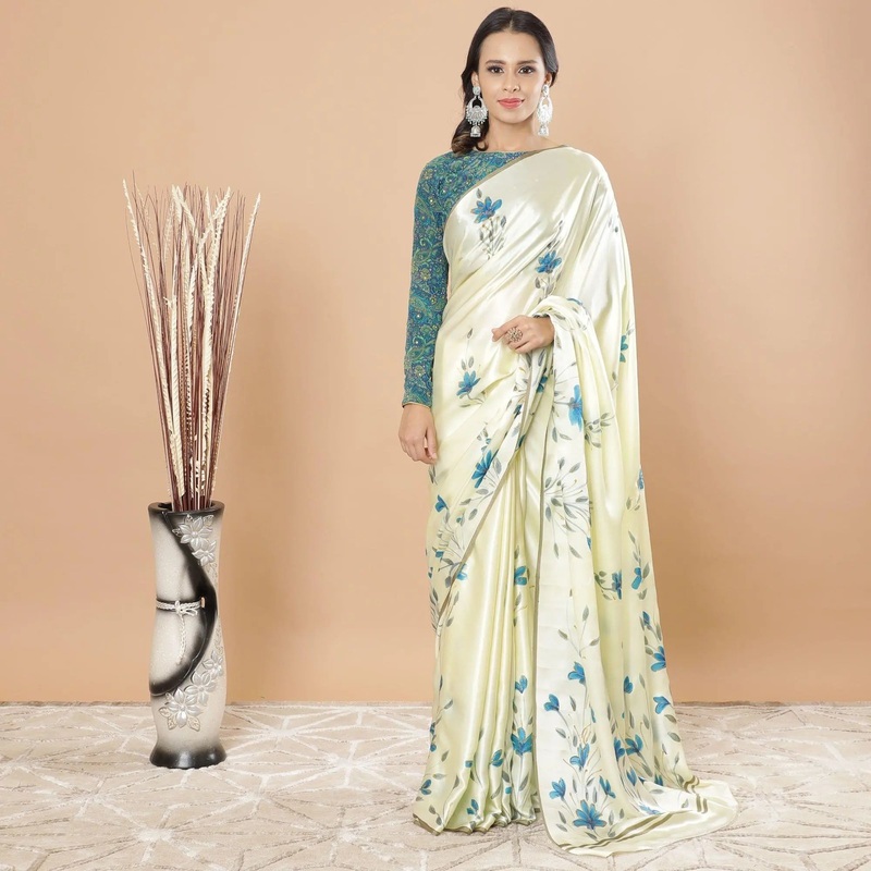 Beige Premium pure silk satin saree with grey, blue hand print having gold glitter in floral design-D8743S