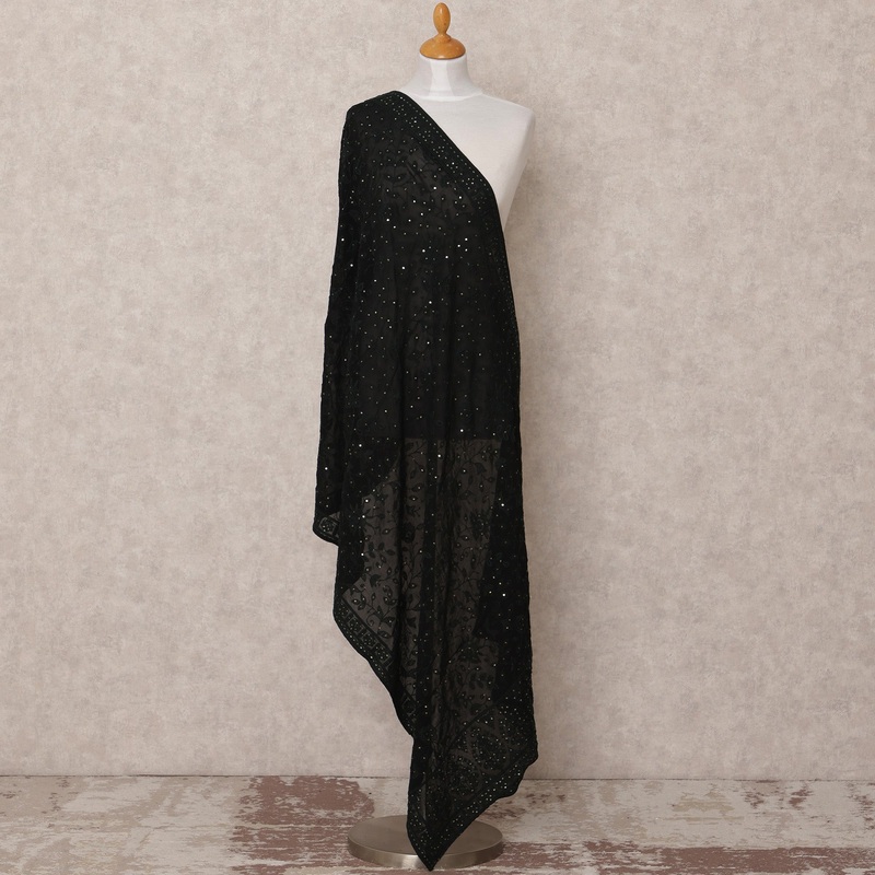 Black Embroidered Sequin Work Synthetic Georgette Dupatta, Size 210X90 Cms, India-D24829