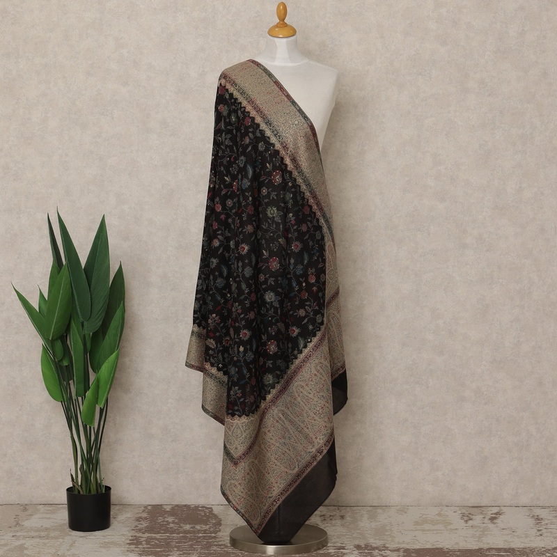 Black Floral Premium Kashmiri Pashmina Shawl 225X80 CMS Width, India-D26990