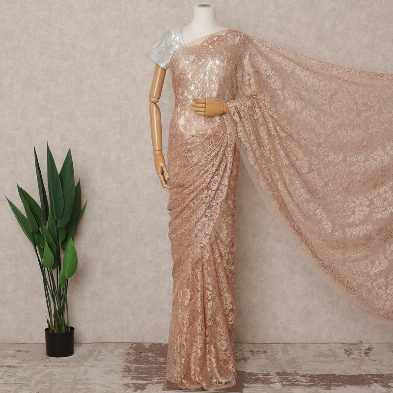 Peach Premium French 2-Tone Chantilly Lace Saree with Stonework, 5.5 Mtrs with 110 Cms Width, Imported from France-D25421
