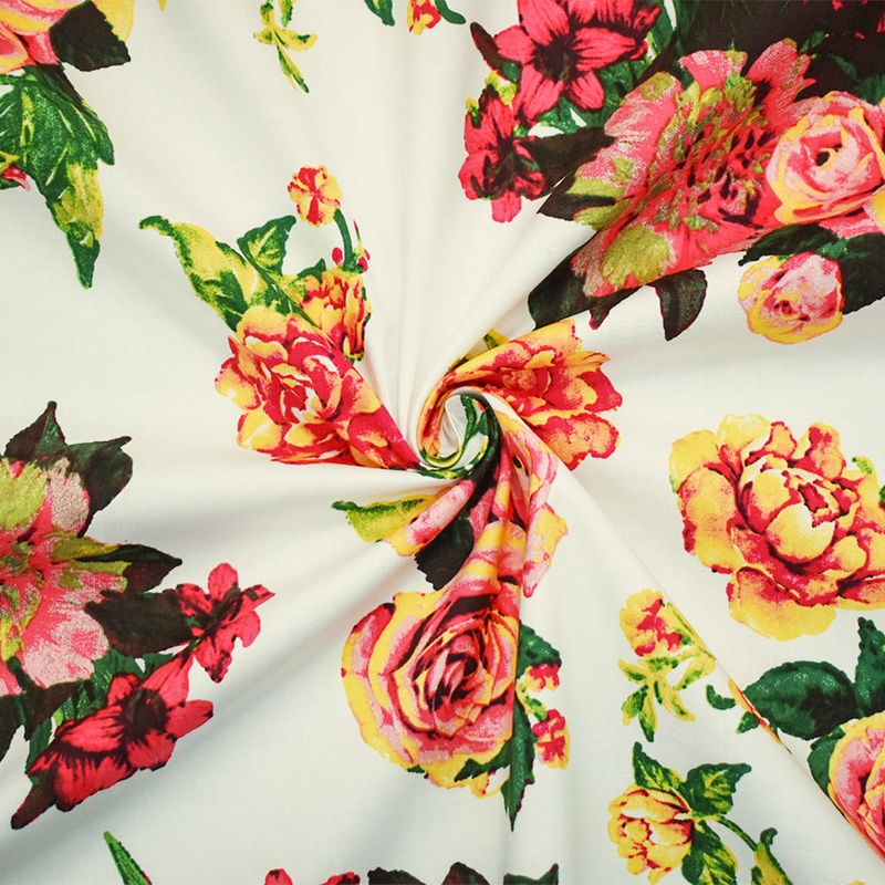White-Pink-Multi Cotton Floral Print Stretch Spandex Poplin Woven Fabric