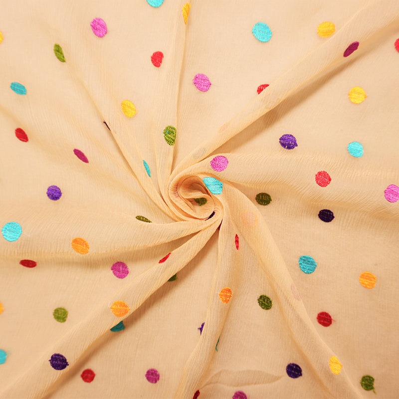 Beige-Multi Silk Embroidered Dot Crinkle Yoryu Chiffon Woven Fabric