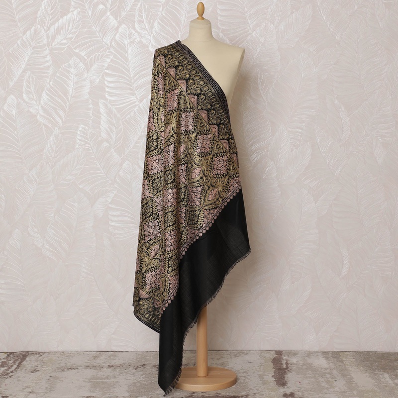 Black and Pink Pashmina Shawl Dupatta with Intricate Geometric Floral Design 230 x 120 Cms, India-D20326