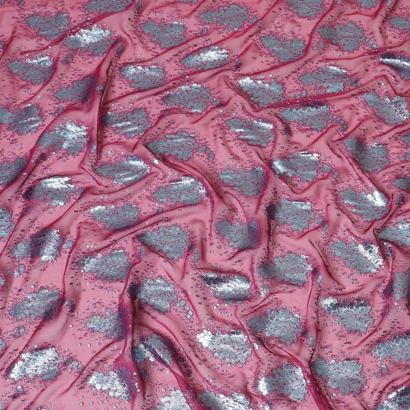 Dark Pink silk chiffon fabric with baby blue and copper metallic lurex in floral design-D8042