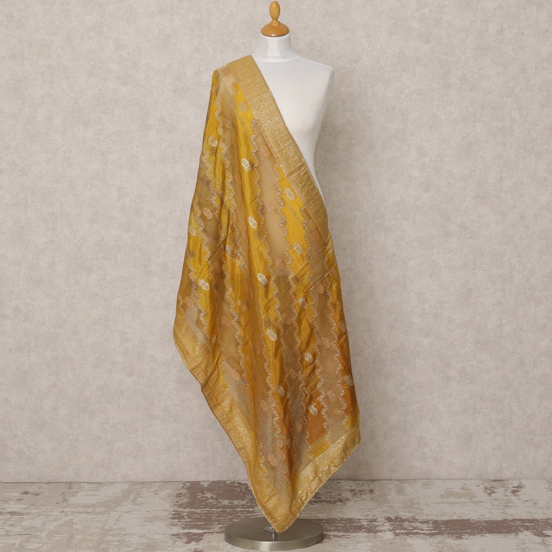 Mustard Yellow Synthetic Brocade Dupatta with Gold Zari Diagonal Weave and Border, 210 x 80 Cms, Made in India-D24120