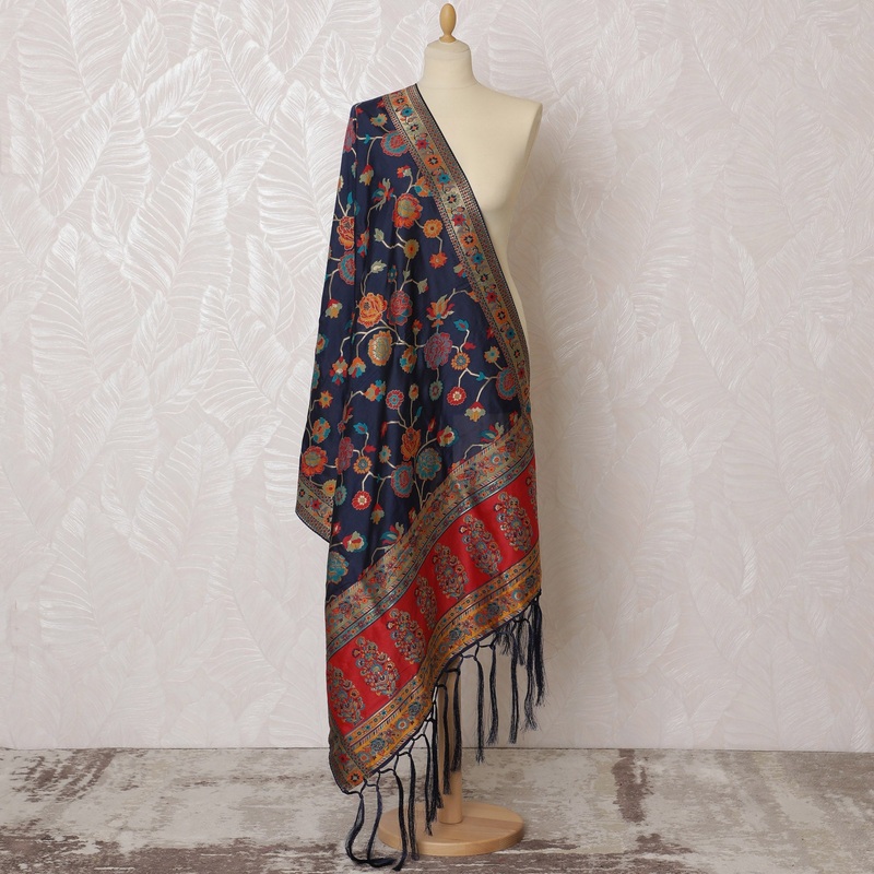 Navy and Vibrant Red Floral Synthetic Brocade Dupatta - Luxurious Indian Design, 85x245 cm-D19291