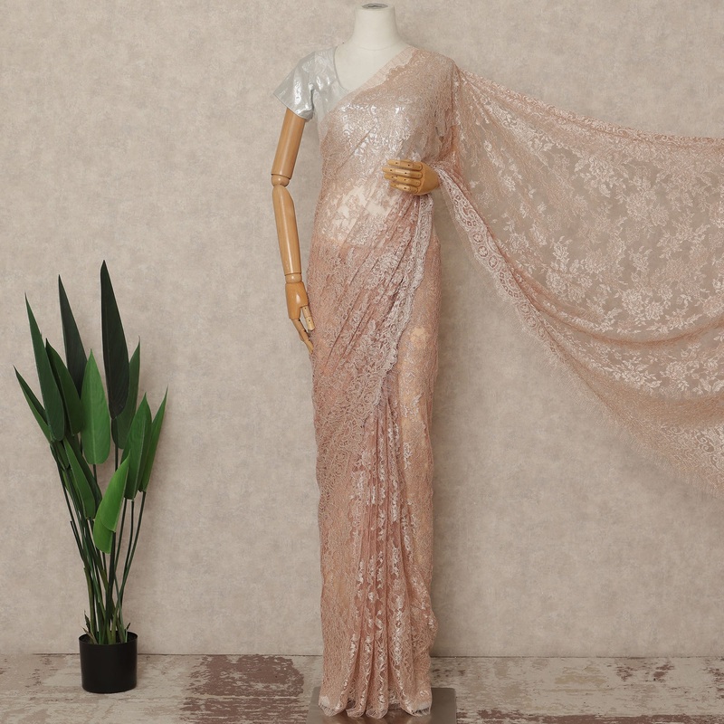 Peach Blush Metallic French Chantilly Saree Lace Elegant Floral Net Design 5.5 Mtrs Length 110 Cms Width Premium Soft Sheer Fabric France Origin-D28907