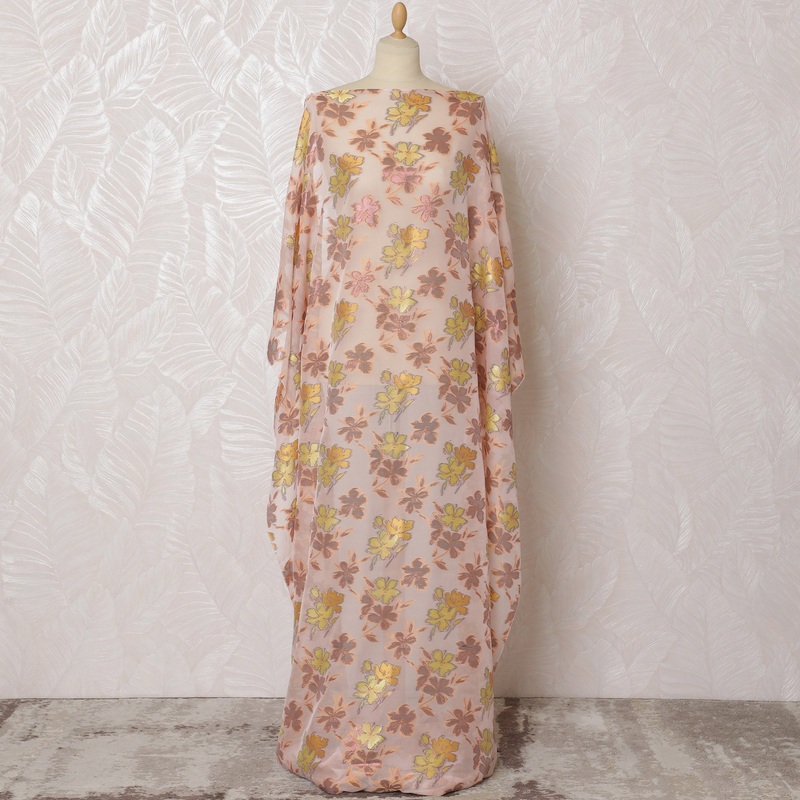 Peach Blush Silk Chiffon Dirac with Gilded Lurex Florals, 140cm Wide X 3.5 Mtrs piece-D18929