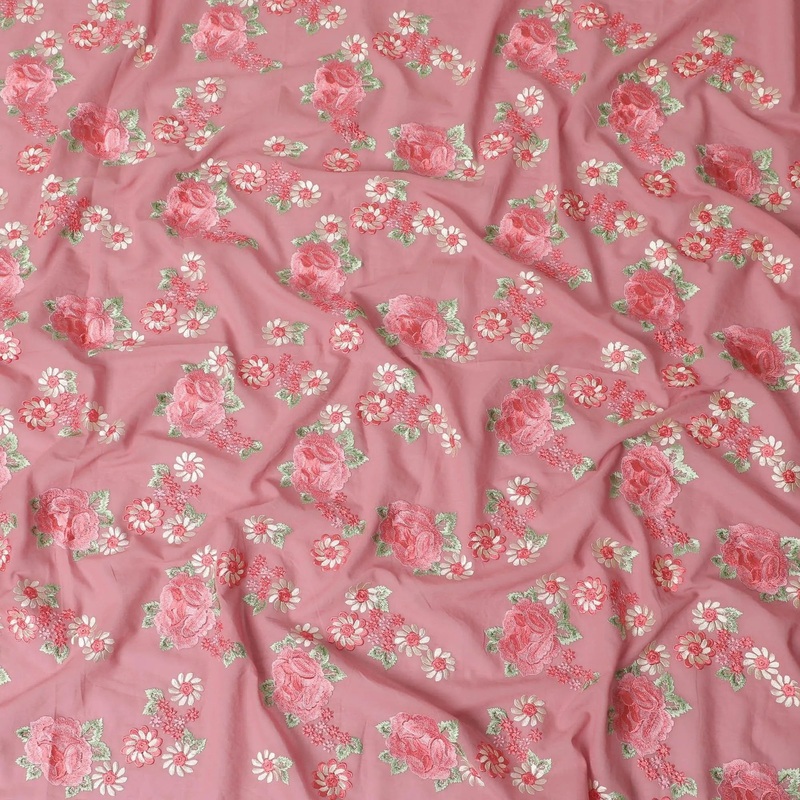 Salmon pink Premium pure cotton voile fabric with peach, beige and sage greenembroidery in floral design-D15241