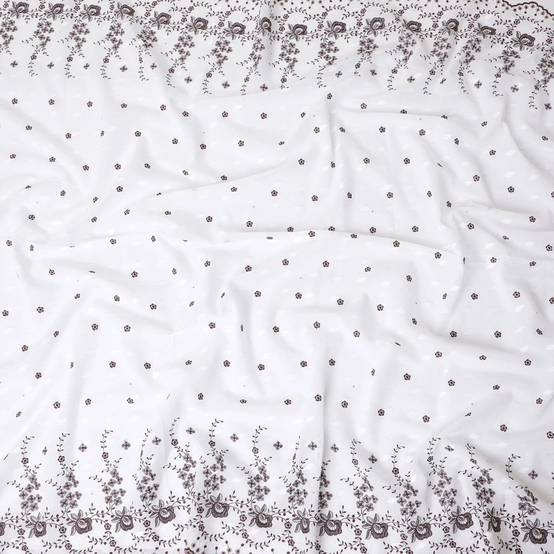 White Premium Swiss cotton voile thobe with same tone and maroon embroidery in floral design having stone work-D11626