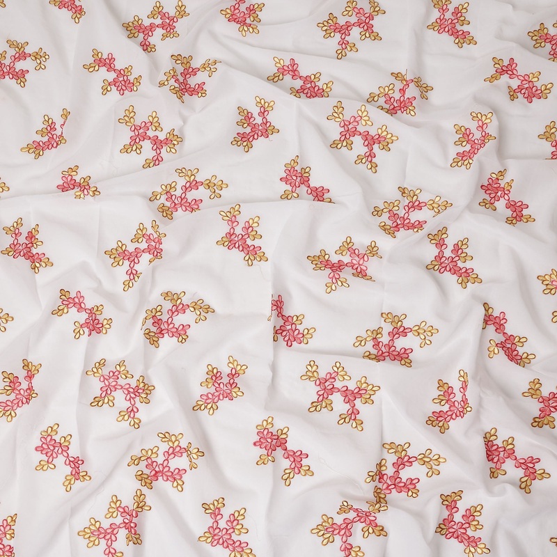 White Traditional Sudanese Thobe Fabric Pure Cotton Voile 4.5 Meters Piece Width 140 Cms Soft Lightweight Breathable Ethnic Wear Material with Pink and Gold Floral Embroidery Made in India-D27612