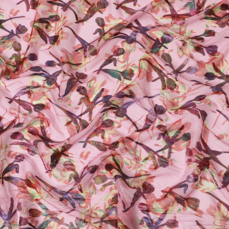 Blush Garden Silk Chiffon Fabric with Metallic Lurex, 110cm Wide Floral Fantasy for Couture-D18391