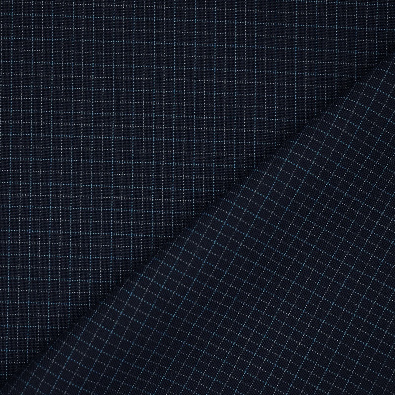 Navy-Blue-Gray Wool Poly Grid Check Woven Shirting Fabric