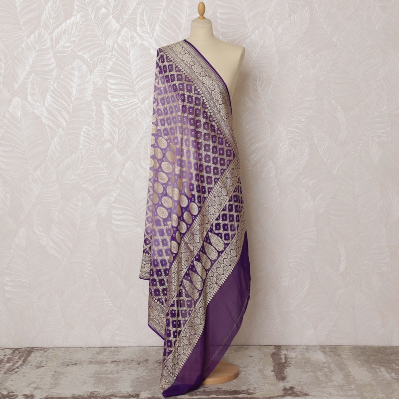 Purple Bandhani Silk Georgette Dupatta with Golden Floral Border 265 x 110 Cms, India-D20297