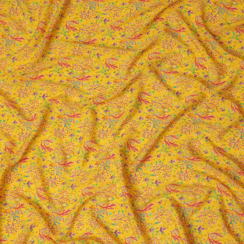 Yellow Abstract Leaf Printed Premium Pure Silk Crepe Fabric Multicolor Botanical Vine Design Soft Lightweight Dress Material 110 Cms Width India-D28010