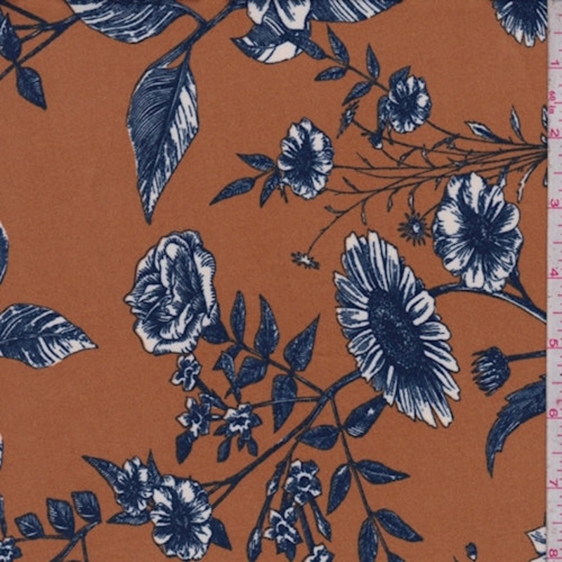 1 5/8 YD PC-Harvest/Blue Floral Brushed Jersey Knit Fabric