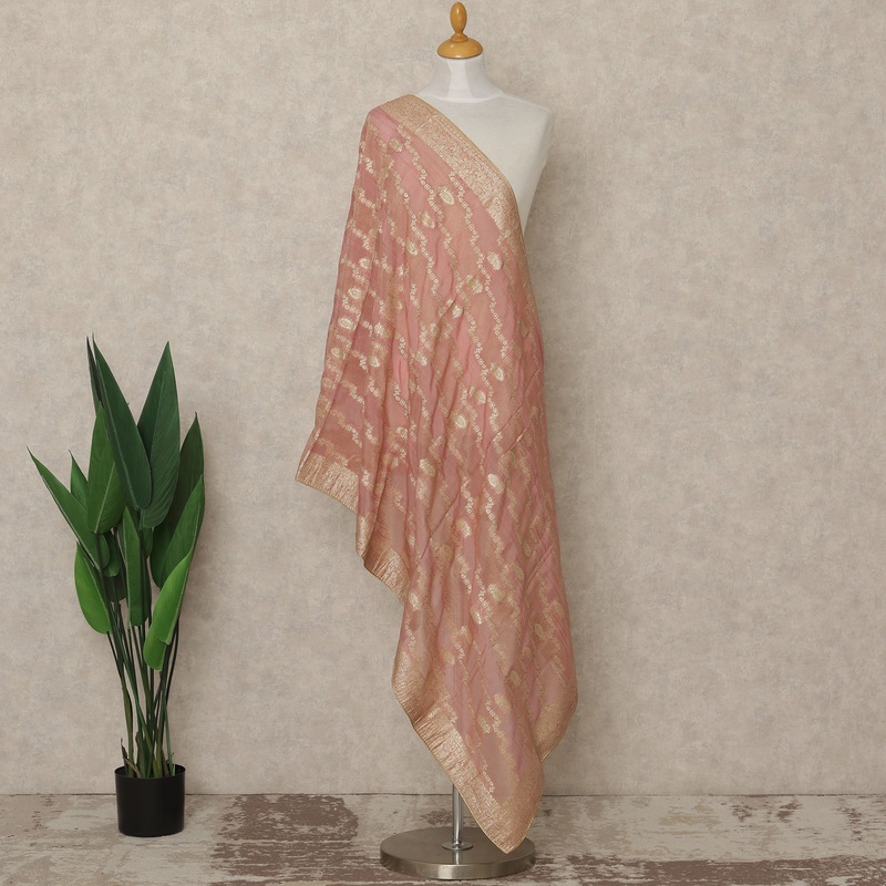 Peach Pink Premium Synthetic Brocade Dupatta with All-Over Woven Motifs, 225X80 CMS Width, India-D26926