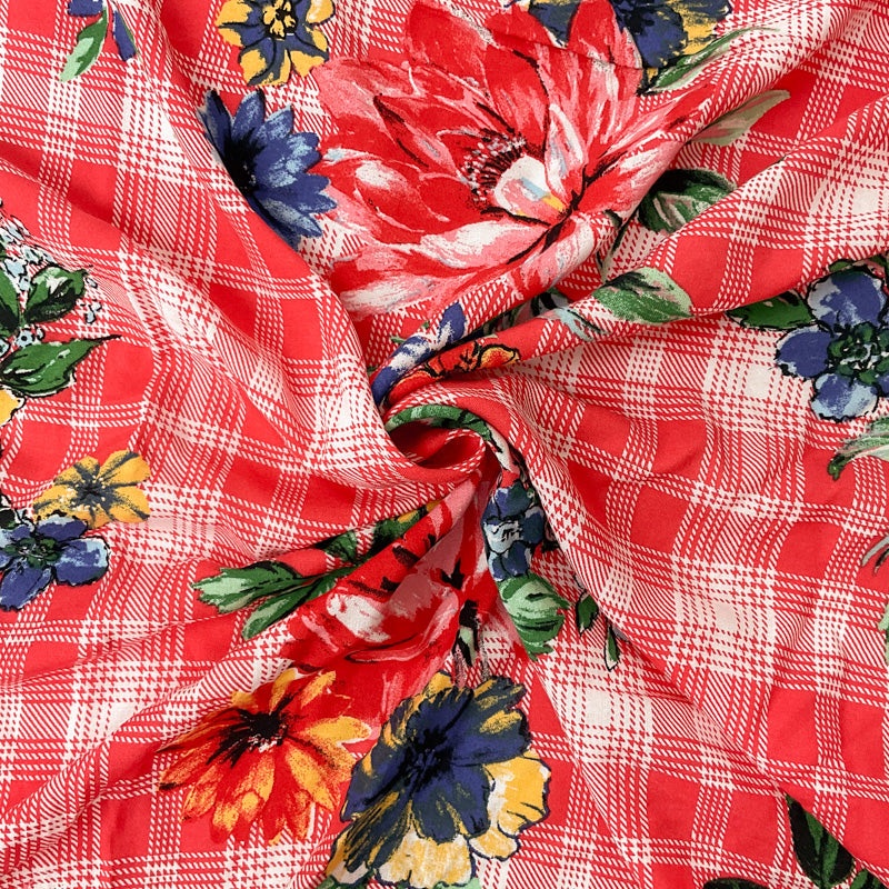 Red-Blue-Multi Rayon Floral Plaid Printed Challis Woven Fabric