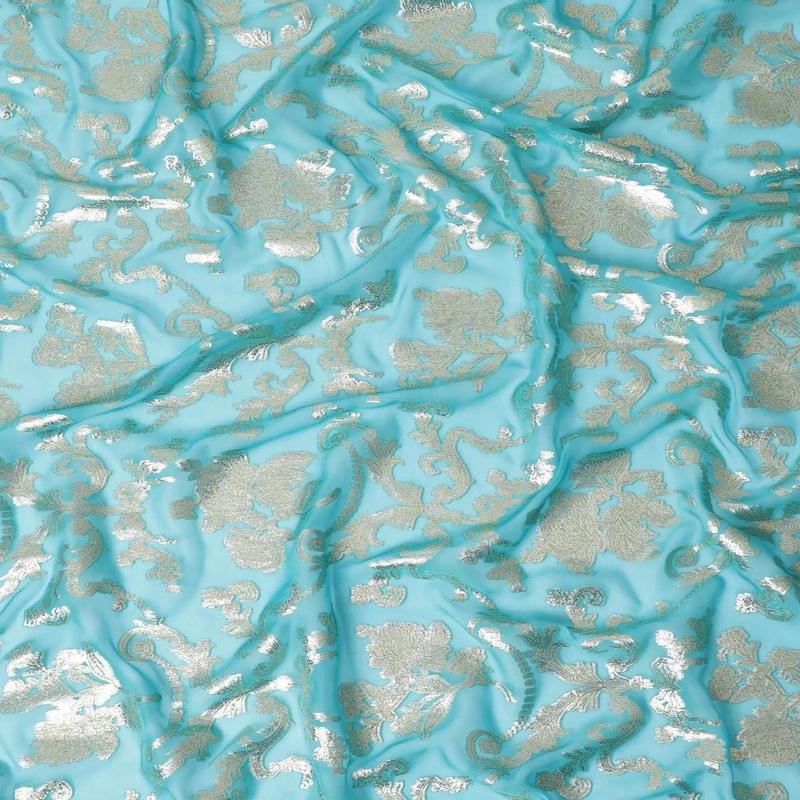 Turquoise Pure Silk Chiffon Fabric with Metallic Lurex Detailing, 110cm Width Imported from South Korea-D17895