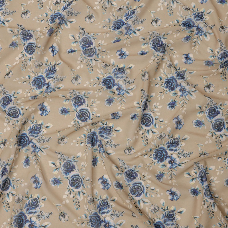 Beige Base with Blue and White Rose Floral Printed Cotton Voile Fabric, Classic Bouquet Motif, 110 Cms Width, Made in India-D23793