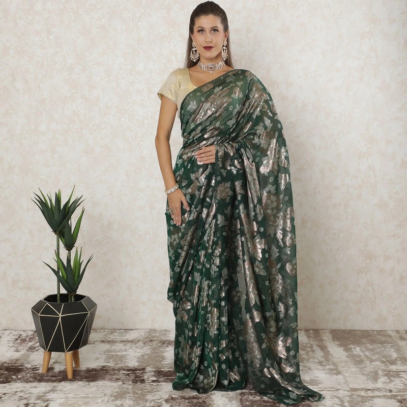 Bottle green Premium pure French silk chiffon saree with laurel green viscose and copper metallic lurex in floral design-D12584