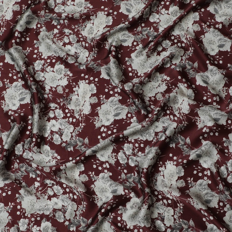 Burgundy & Grey Floral Silk Satin Fabric - 110 cm Width-D20287