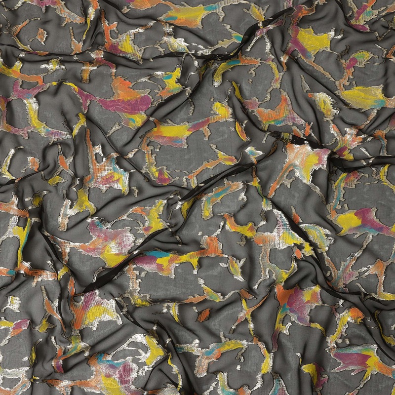 Charcoal Grey Abstract Metallic Hand Print Pure Silk Chiffon Fabric, 110 Cms, South Korea-D26918