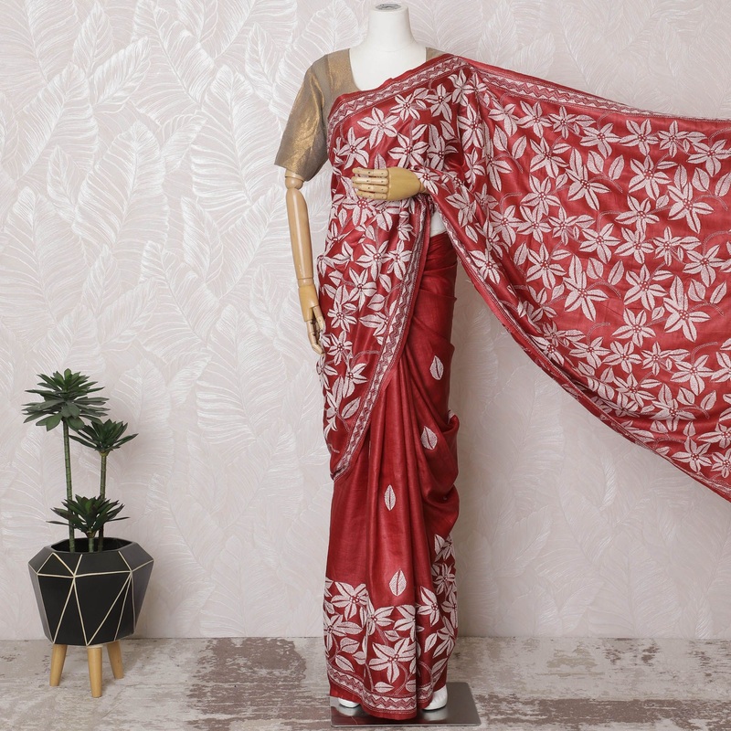Crimson Tussar Silk Saree with White Floral Zari Embroidery, Handcrafted in India, 110cm Width, 5.5m Length Blouse Piece Excluded-D17835