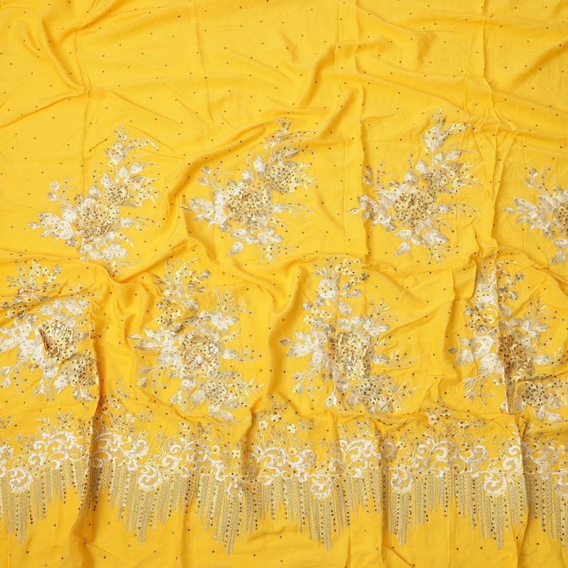 Yellow Cotton Fabric with Sequin Floral Embroidery & Beaded Border Design, 140 Cms Width, Made in India 3 Meters Piece-D23665