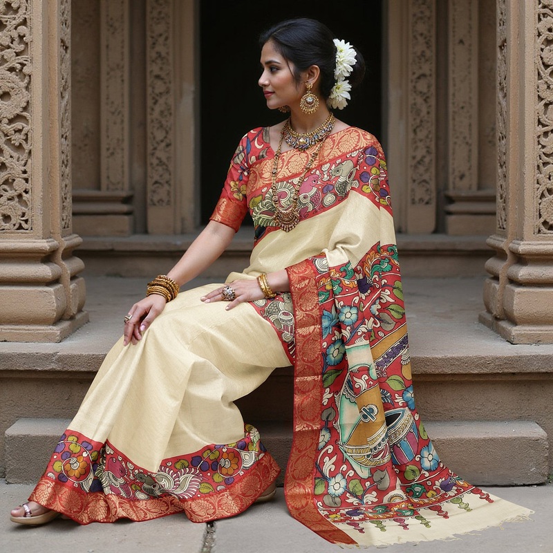 Crimson Red Bangalore Silk Pen Kalamkari Saree with Handpainted Mythological Illustrations, Width 110 Cms, Origin: Sri Kalahasthi, India, 5.5 Mtrs with Blouse Piece-D22845