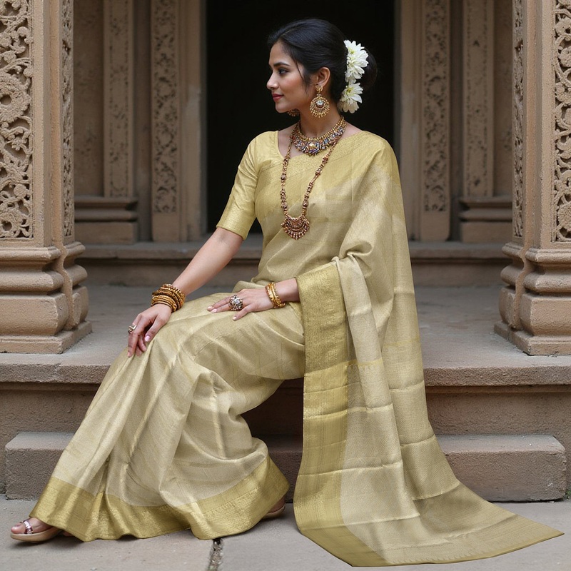 Golden Olive Self-Patterned Subtle Striped Pure Silk Kanjeevaram Saree with Glossy Finish, 5.5 Meters with Blouse Piece, Handwoven from India-D22727