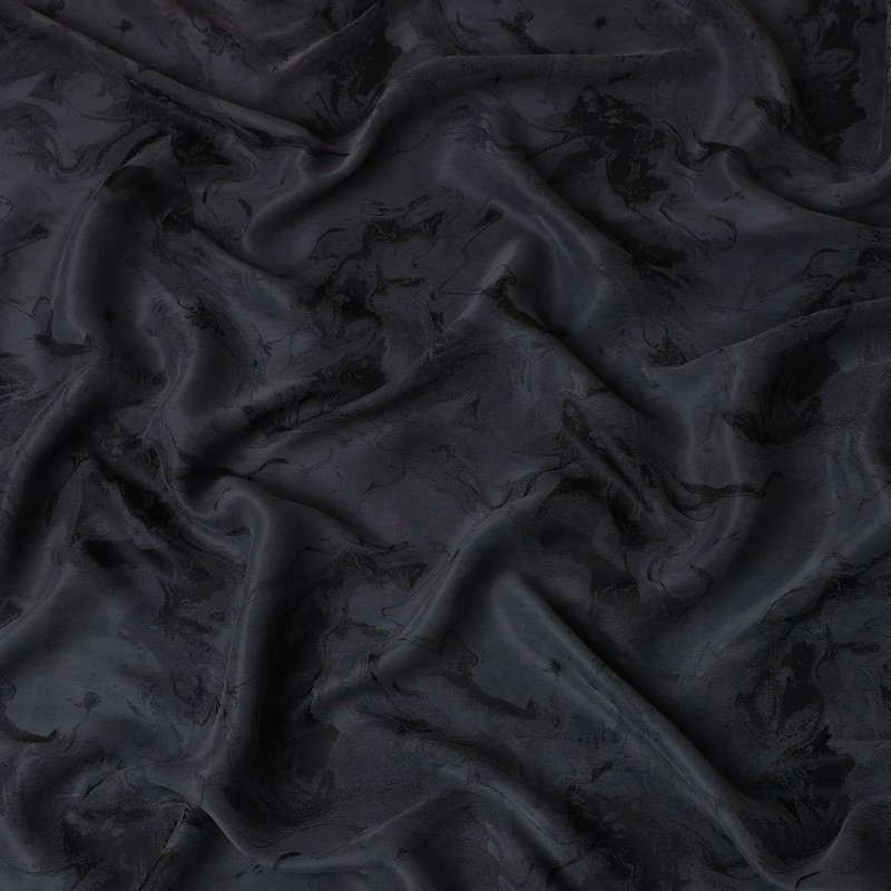Jet Black Textured Sustainable Cupro Fabric made of Bemberg with Elegant Marble Pattern and Silky Luxe Finish, 140 Cms Width, Made in China-D25897