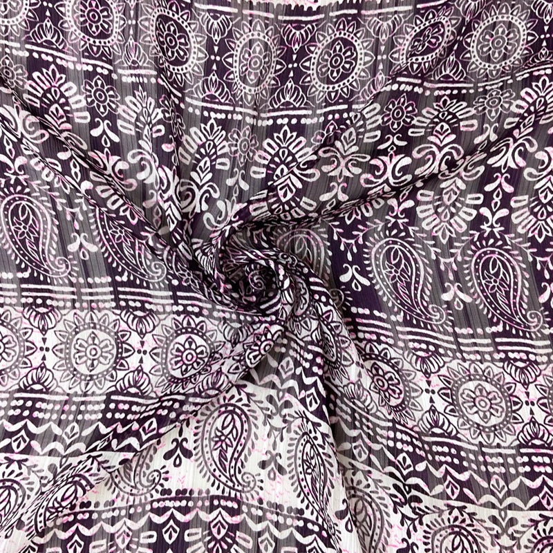 Purple-Multi Poly Paisley Print Satin Stripe Chiffon Woven Fabric