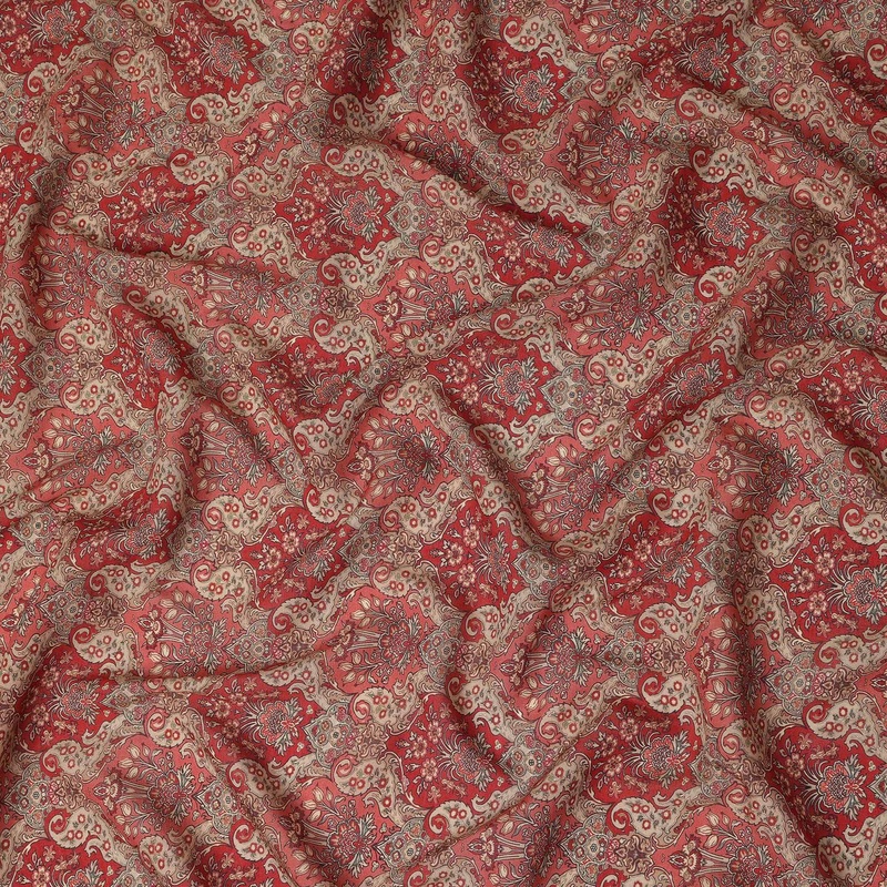 Rust Red Paisley Floral Printed Viscose Crepe Fabric Soft Lightweight Textured Vintage Ornamental Pattern Dress Sewing Craft Fabric 110 Cms Width Made In India-D28331