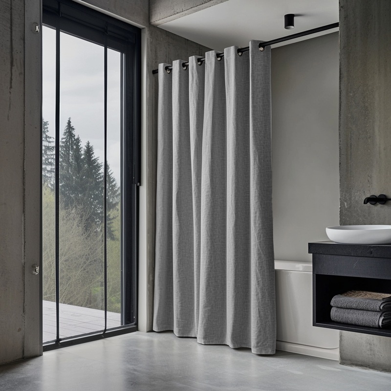 Stone Grey Hookless Linen Shower Curtain Light Grey No-Hook, Grommet Style Curtain Waterproof or Unlined