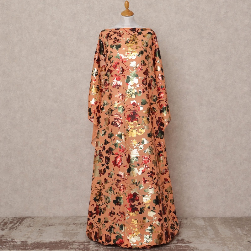 Peach Multi-Color Floral Metallic Somali Dirac Cotton Voile Fabric, 3.5 Mtrs, Width 150 Cms, Made in India-D24596