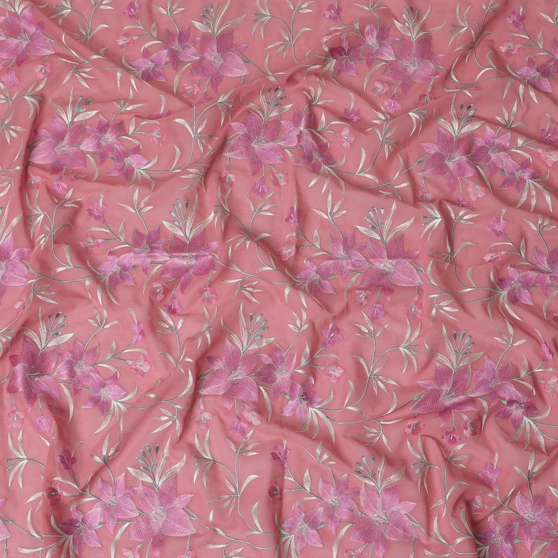 Salmon pink Premium pure cotton voile fabric with brick pink, sage green and beige embroidery in floral design-D15245