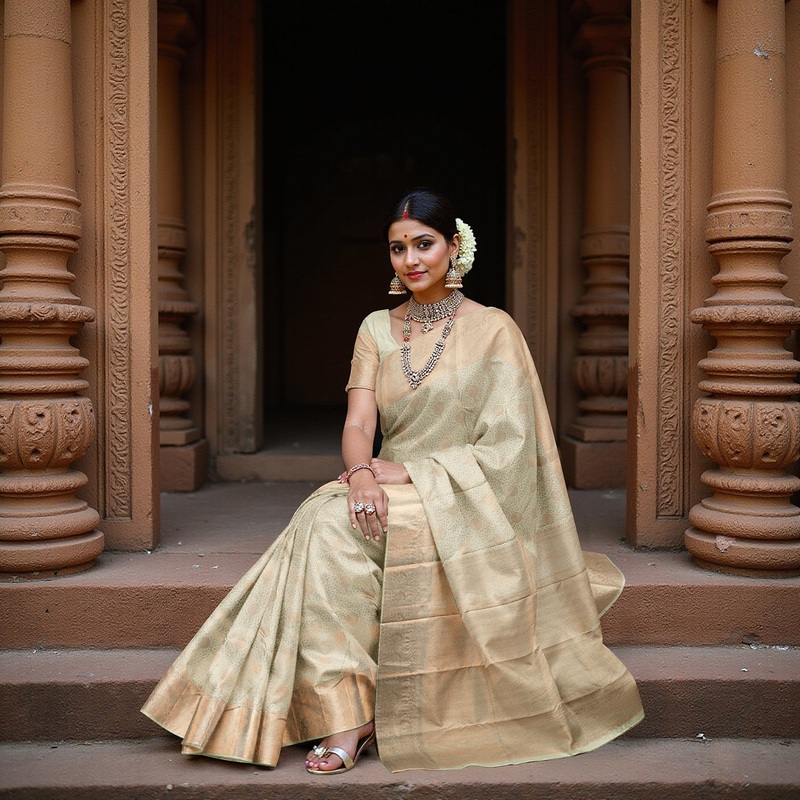 Beige and Mint Green Circular Zari Butta Kanjeevaram Pure Silk Bridal Saree, Ornate Border with Subtle Pallu Detailing, 110 cm Width, Made in India-D22758