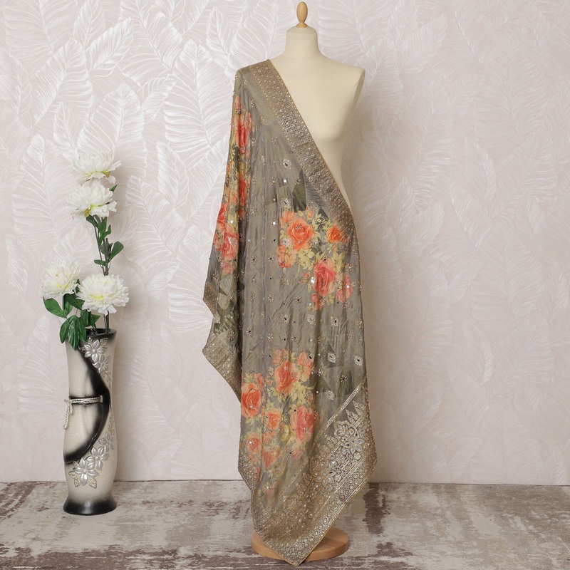 Grey and Coral Floral Synthetic Brocade Premium Dupatta 225x80 cm-D19065