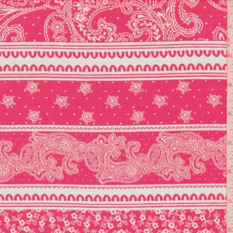 Raspberry/White Paisley Stripe Crinkled Crepe Fabric