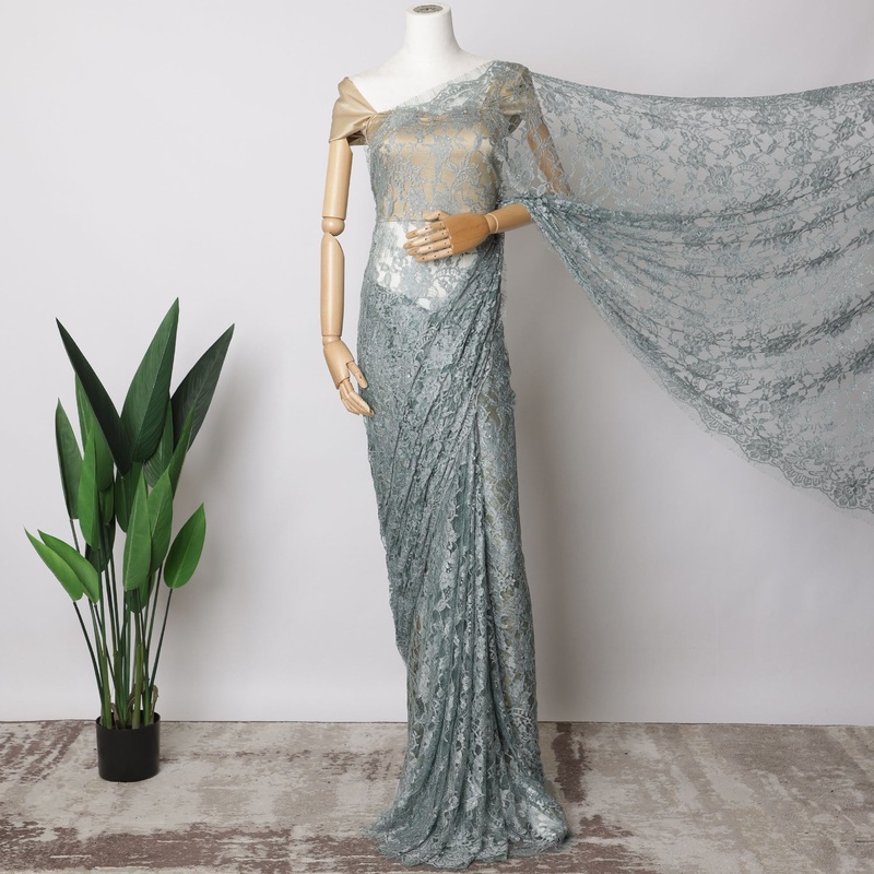 Sea green, Grey Two-Tone French Chantilly Lace Fabric with Stone Work 5.5 Meters, Floral Embroidered Tulle, 110 cm Width-D21070