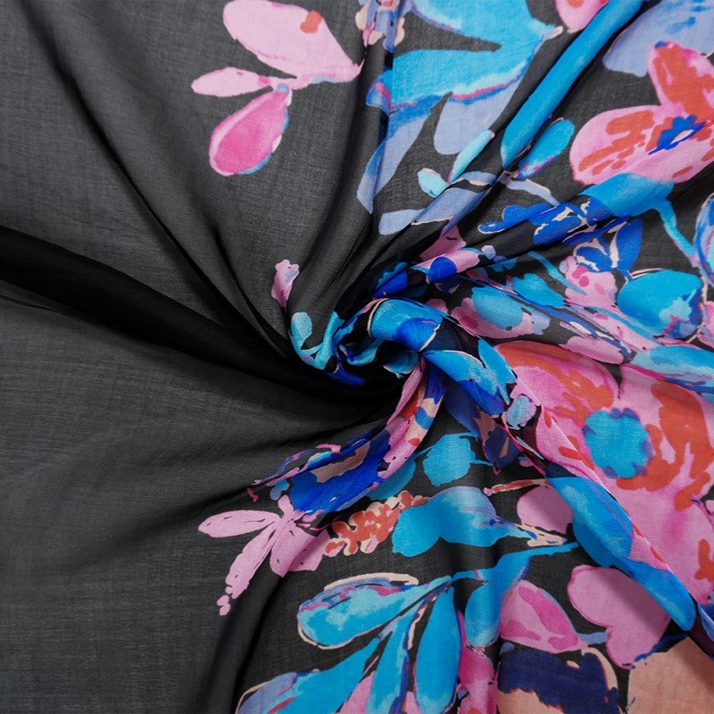 Black Silk Floral Border Printed Chiffon Woven Fabric