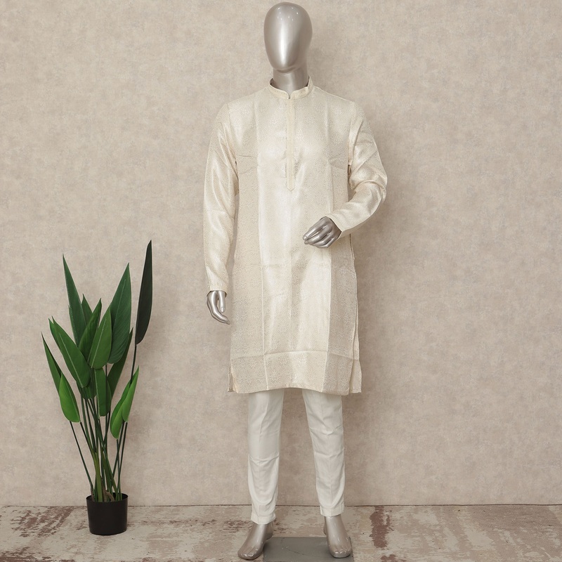 Classic Cream Blended Banarasi Blended Silk Men's Kurta Pajama Self Woven Traditional Ethnic Wear Indian Handcrafted Premium Wedding Festival Attire - D29283
