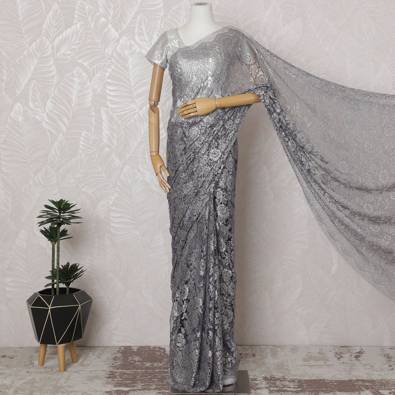 Pewter Gray, Blue French Metallic Chantilly Lace Saree - 110 cm Width, 5.5 Meters-D20156
