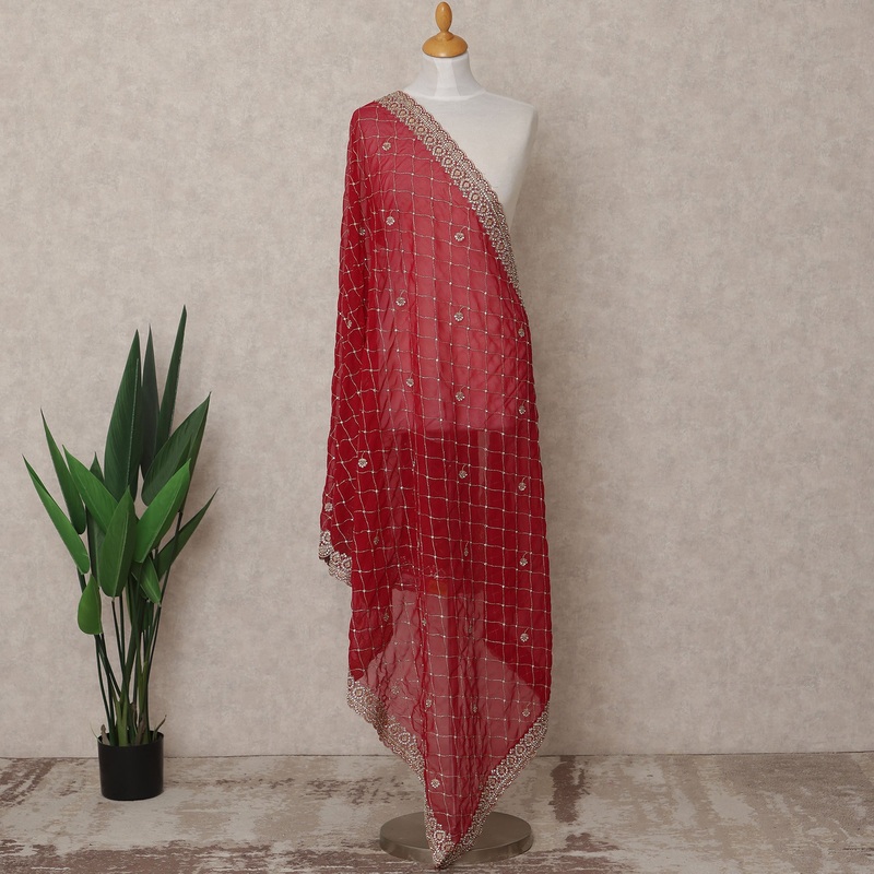 Red Checked Embroidered Border Premium Chiffon Dupatta, 225X85 Cms, Made in India-D25767